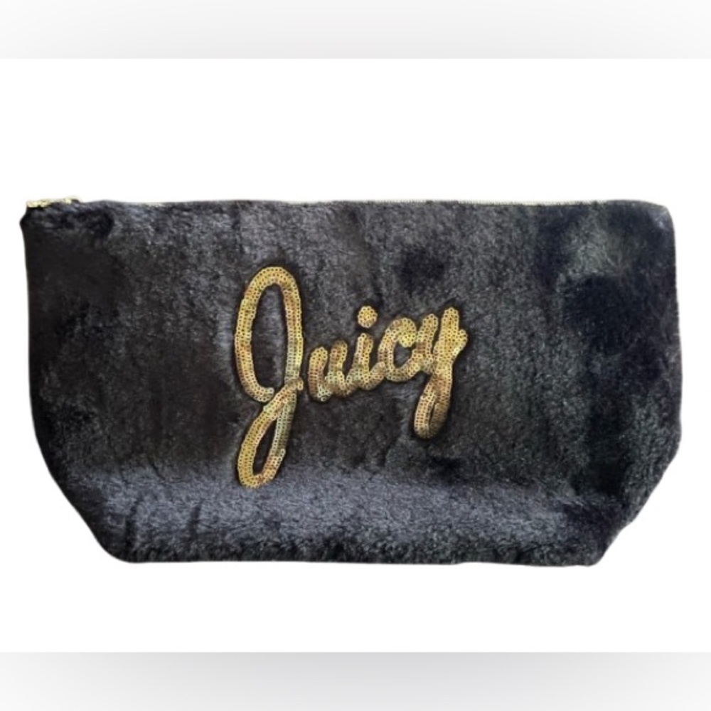 NWOT Juicy Couture Black Faux Fur Clutch with Gold Sequin Logo